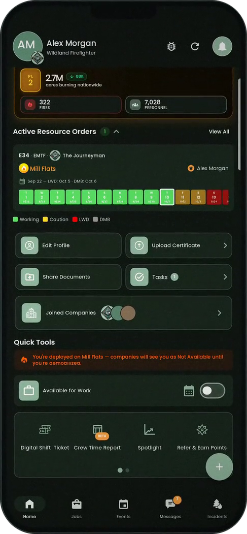 The Journeyman app on a phone: the firefighter home screen
