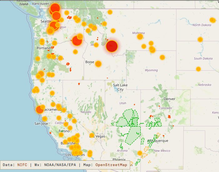 The live fire map: active fire bubbles across the western United States, sized by acres