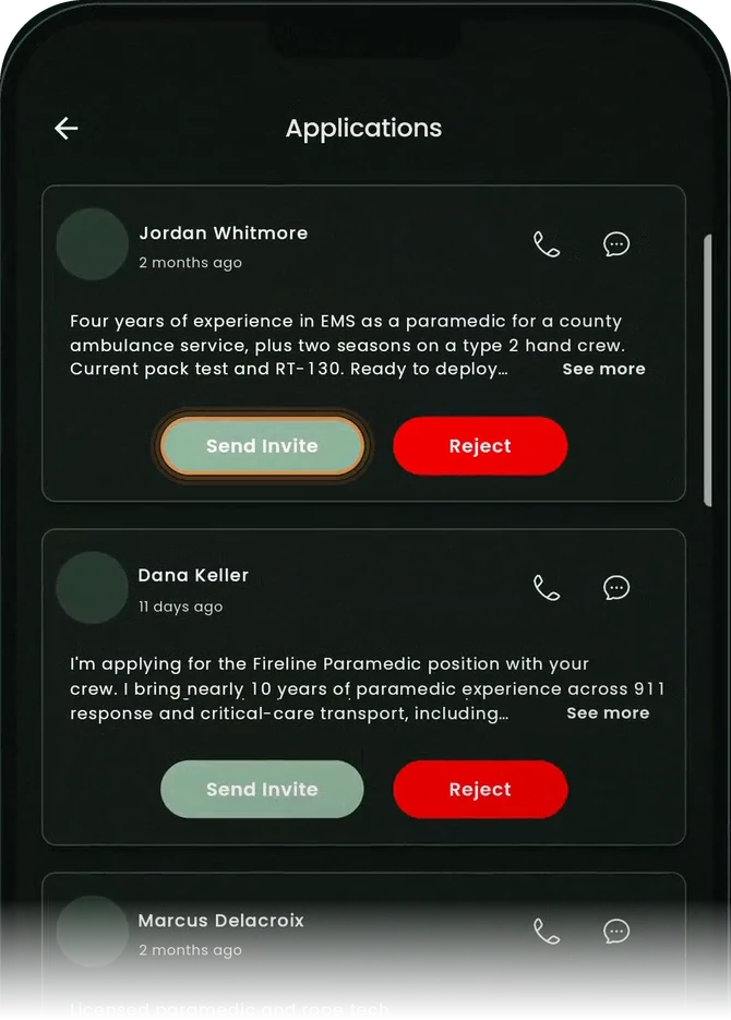 Company Applications screen of the app: applicants with Send Invite and Reject buttons