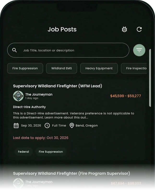 Job Posts screen of the app: federal direct-hire and company job posts, with search and filter chips