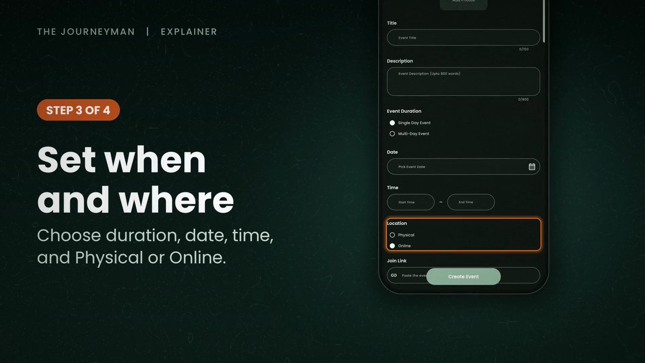 A frame from the training providers explainer: posting a training in the app, choosing its duration, date, time and place